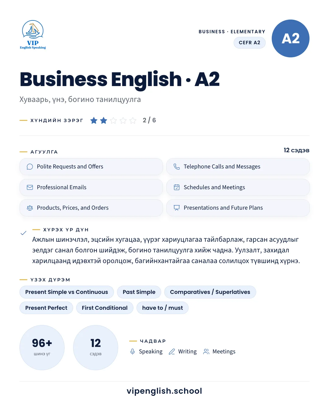 Бизнесийн англи хэл — Ажлын англи · A2