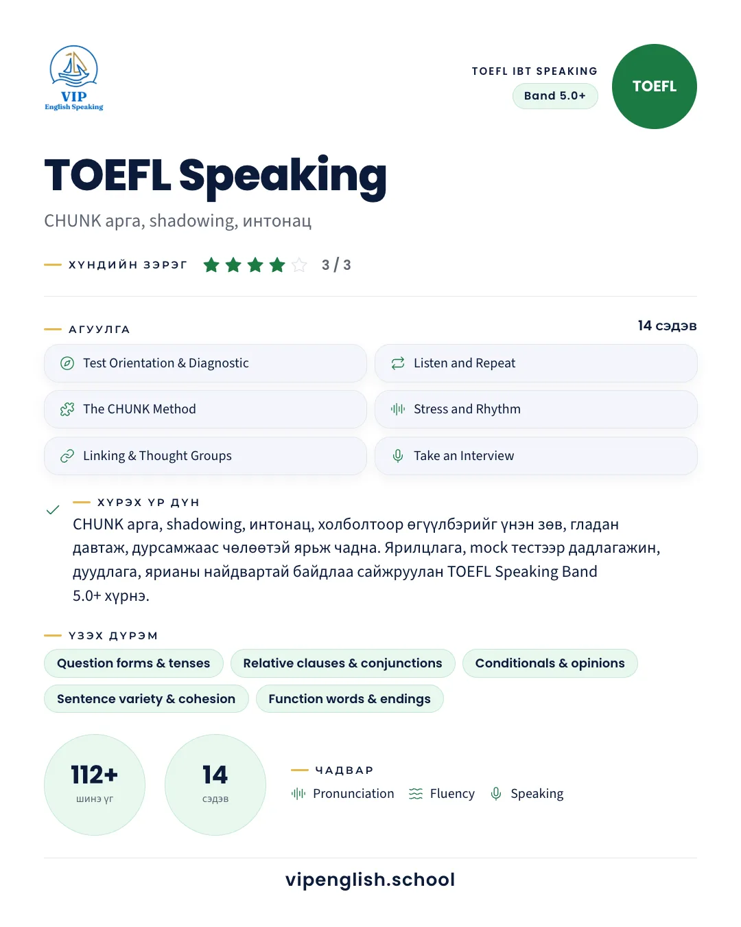 Шалгалтын хөтөлбөр — TOEFL Speaking