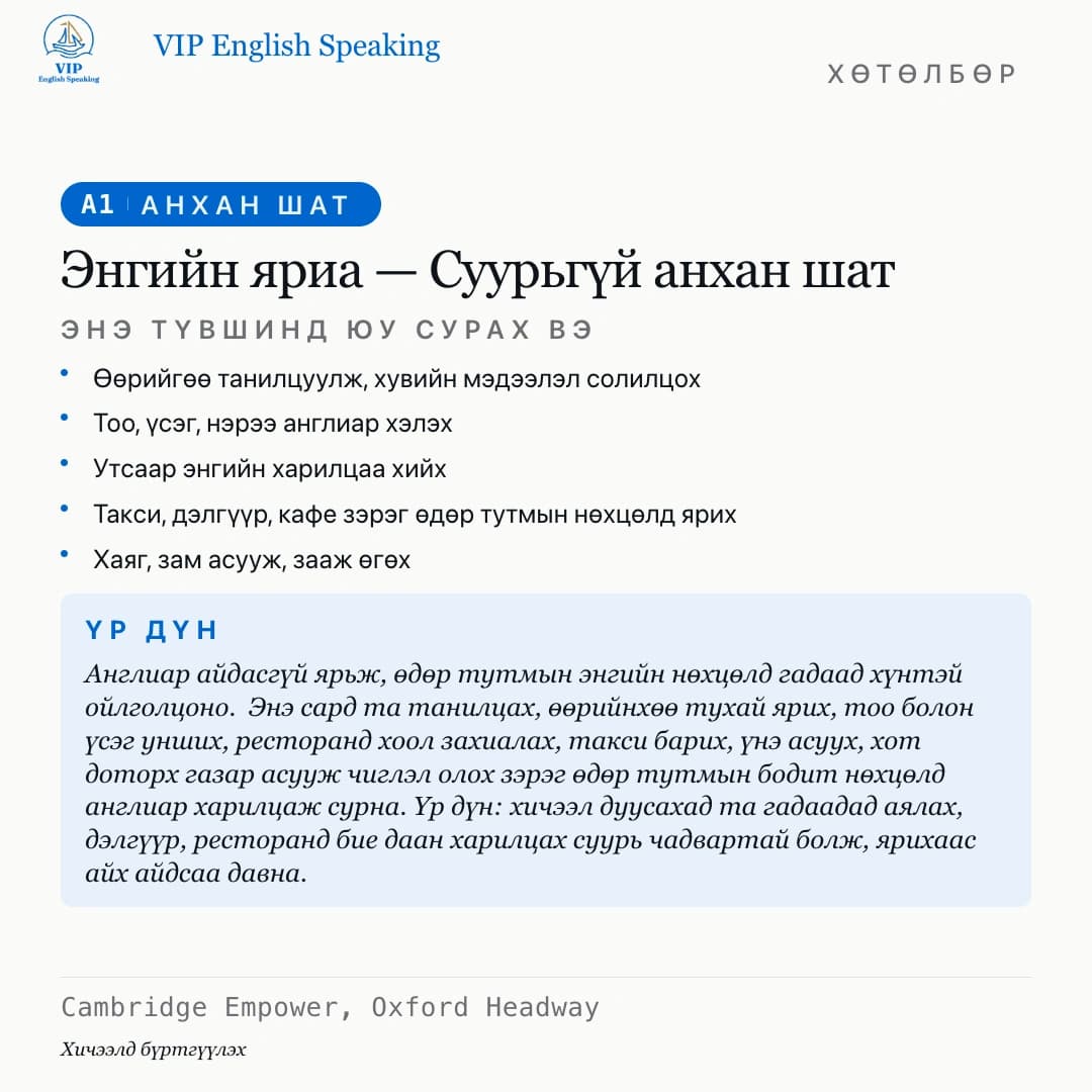 Энгийн яриа — Суурьгүй анхан шат · A1