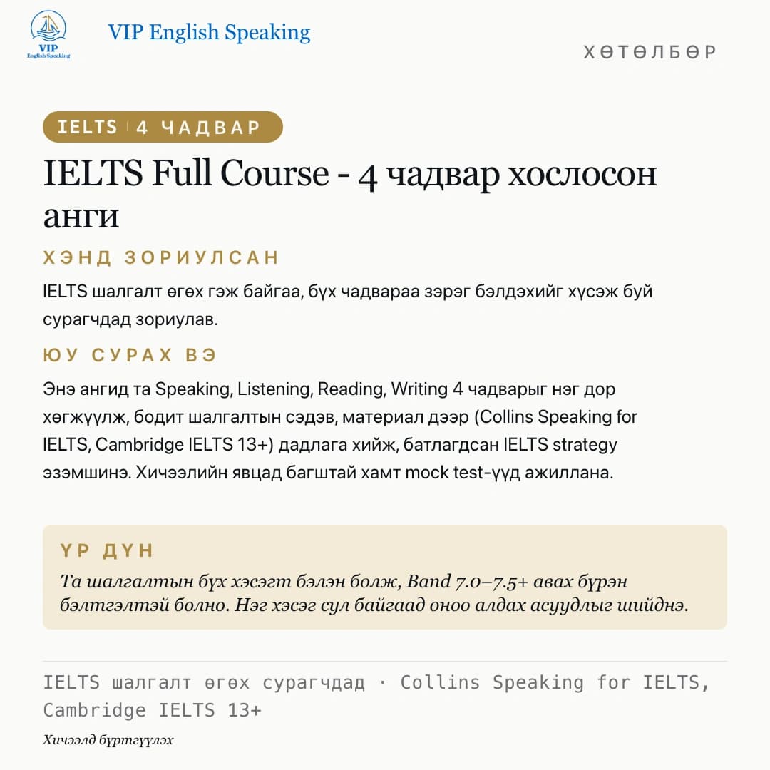 IELTS бэлтгэл — IELTS Full Course — 4 чадвар