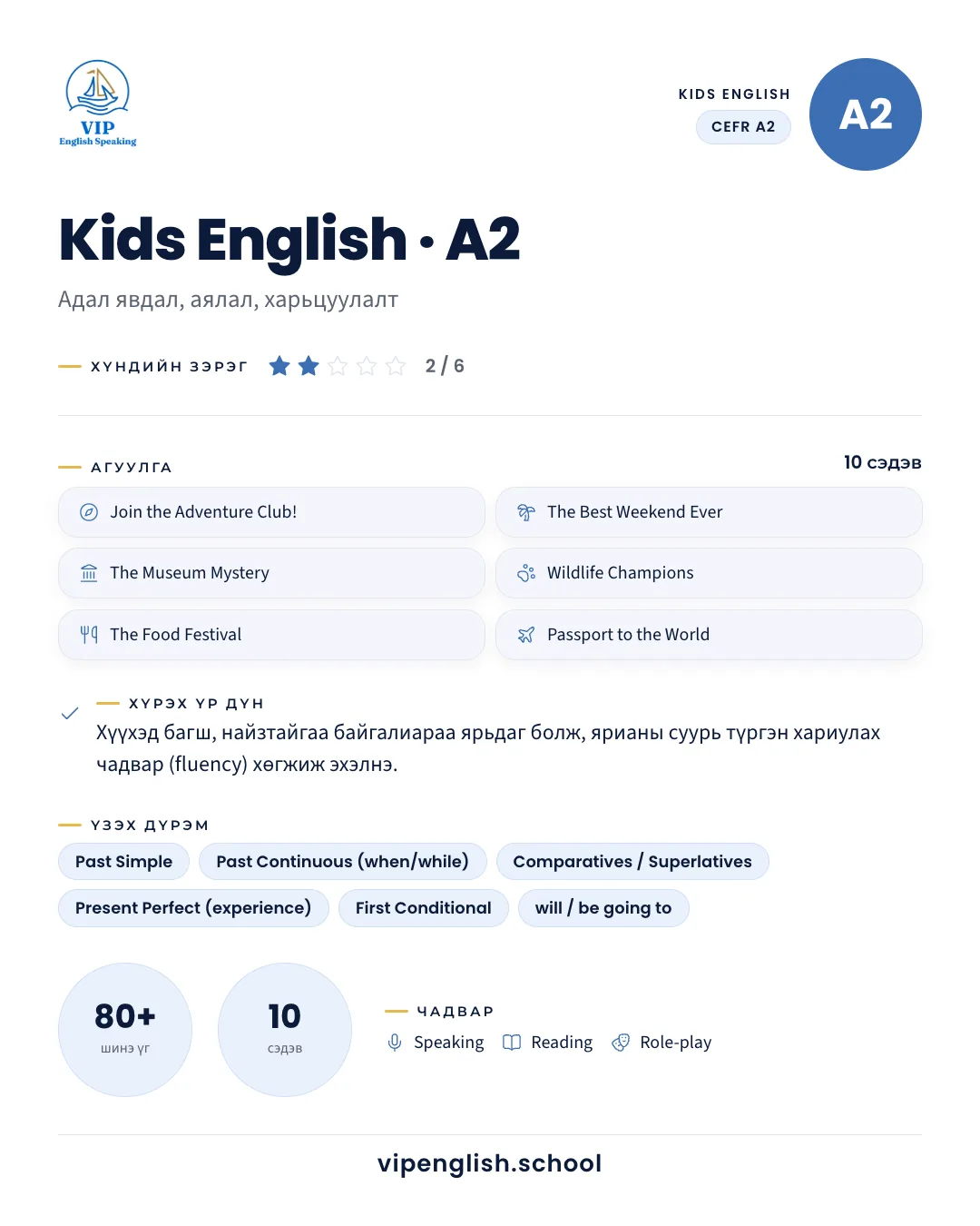 Хүүхдийн англи хэл — 7–9 нас · A2